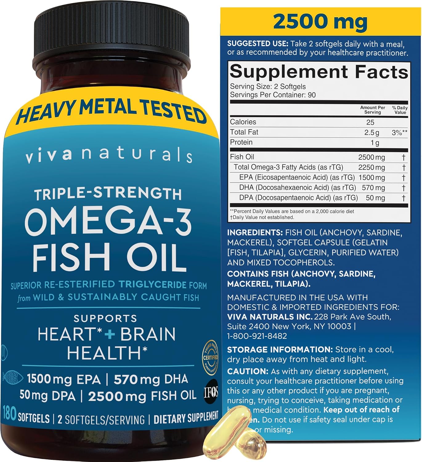 Omega 3 Fish Oil Supplement for Women and Men – 2500 mg Triple Strength Fish Oil per Serving with Omega 3 Fatty Acids Including EPA, DHA DPA – 180 Pescatarian-Friendly Softgels