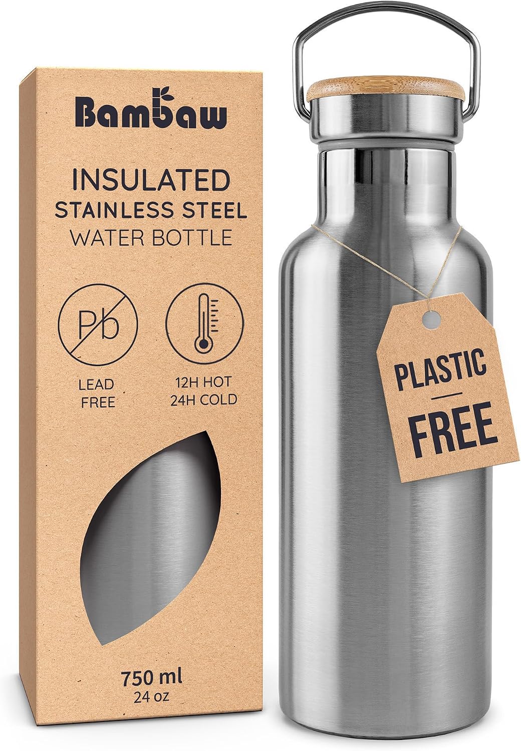 Bambaw 24 oz Metal Water Bottle, Insulated Stainless Steel Water Bottle, Great for Travel, Wide Mouth for Easy Cleaning, Reusable & Durable, Rust-Resistant & Sturdy (Natural Steal)