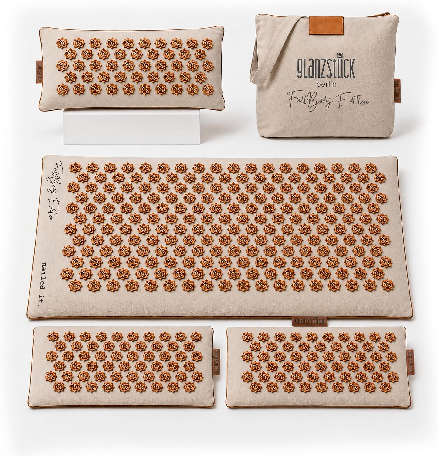 Glanzstück Berlin® XXL Acupressure Mat Set Fullbody Edition – 9,350 Flower Tips, 2 Add- On Modules, Linen Cover, Coconut Fiber Fill, Pillow & Carry Bag – Up to 42.5″ x 16.5″ Full Body Massage Mat