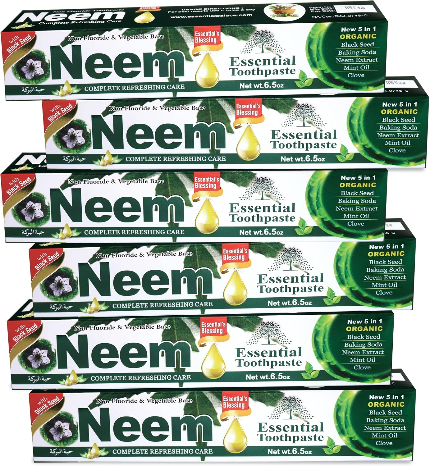 NEEM Essential Toothpaste – 6.53 oz Pack of 6 | New 5 in 1, Fluoride Free | Cavity Protection, Excellent Freshness, Made with natural and organic ingredients