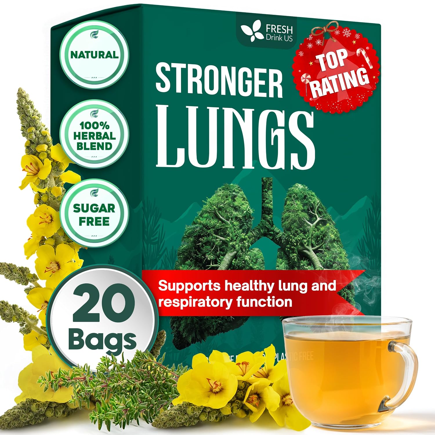 FreshDrinkUS, Premium StrongerLung Detox Tea 20 Bags – Natural Herbal Tea for Breathing & Throat Comfort. No Sugar, No Caffeine, No Gluten, Vegan.