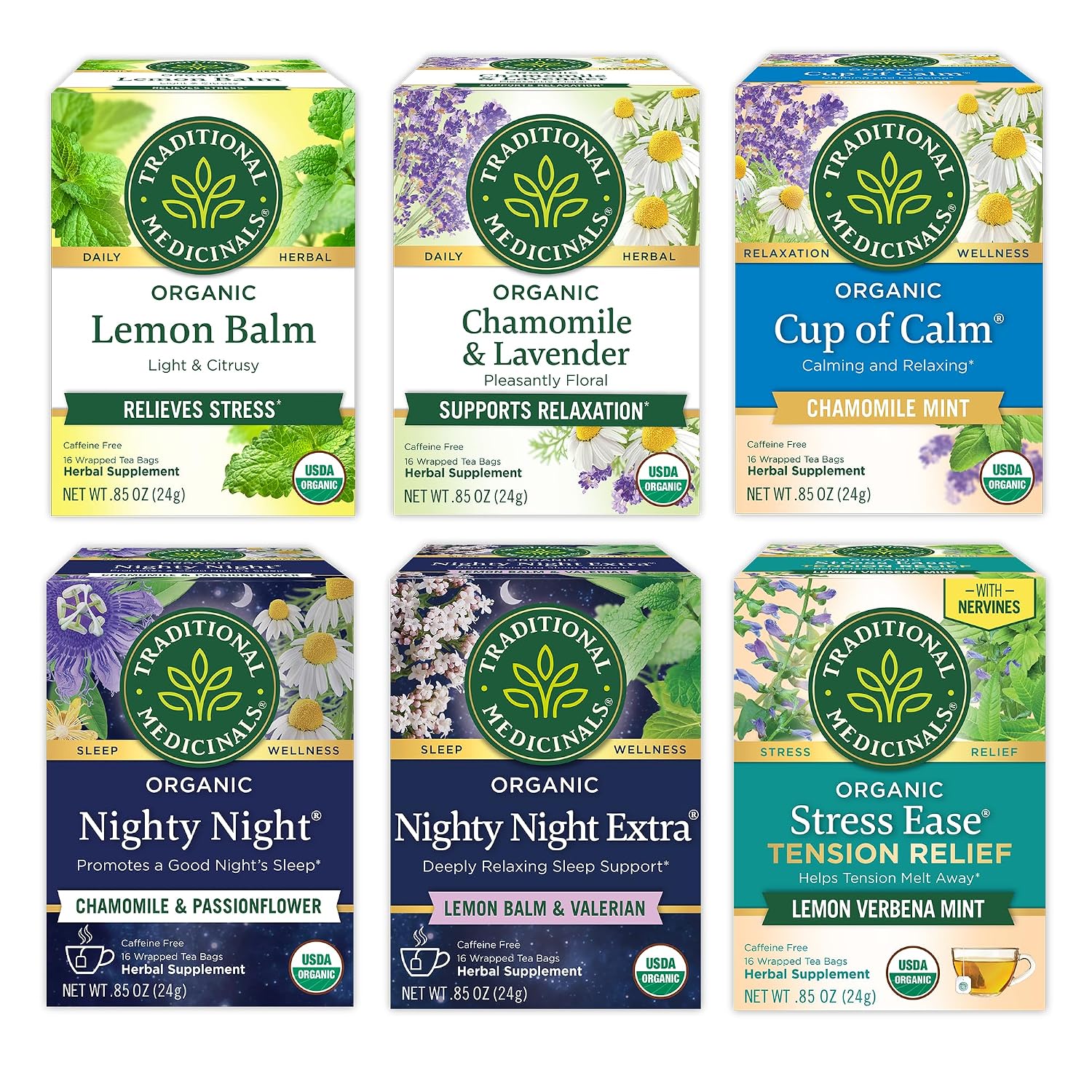 Traditional Medicinals Organic Stress & Sleep Variety Pack, 96 Tea Bags | 6 Flavors, Lavender, Chamomile, Lemon & Valerian Root, 96 Tea Bags, (6 Pack)