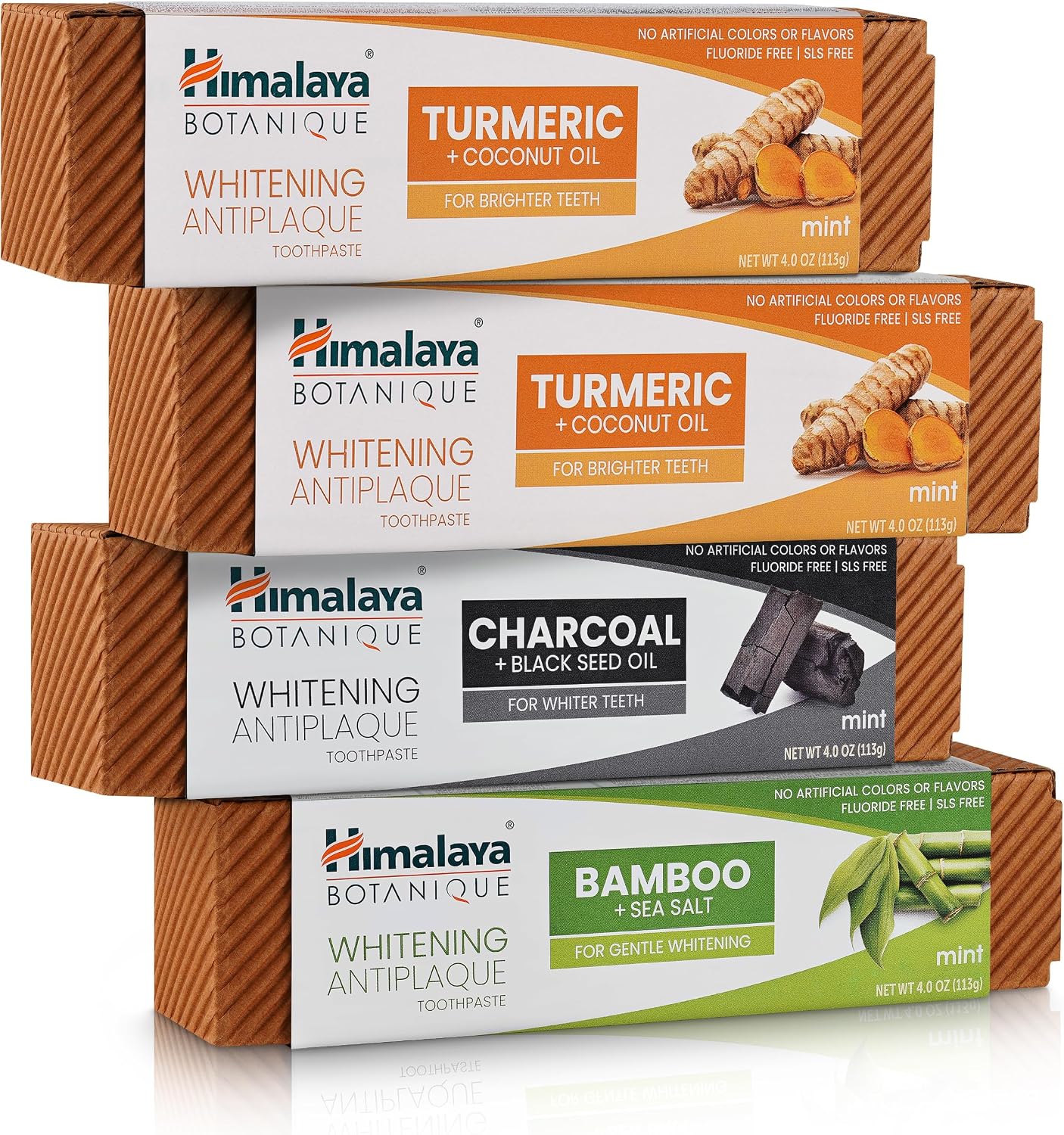 Himalaya Botanique Whitening Antiplaque Toothpaste,Mint Variety,4 oz 4 Pack | Fluoride Free Toothpaste For Teeth Whitening & Fresh Breath, Turmeric, Charcoal & Bamboo, Vegan, Gluten Free, SLS Free