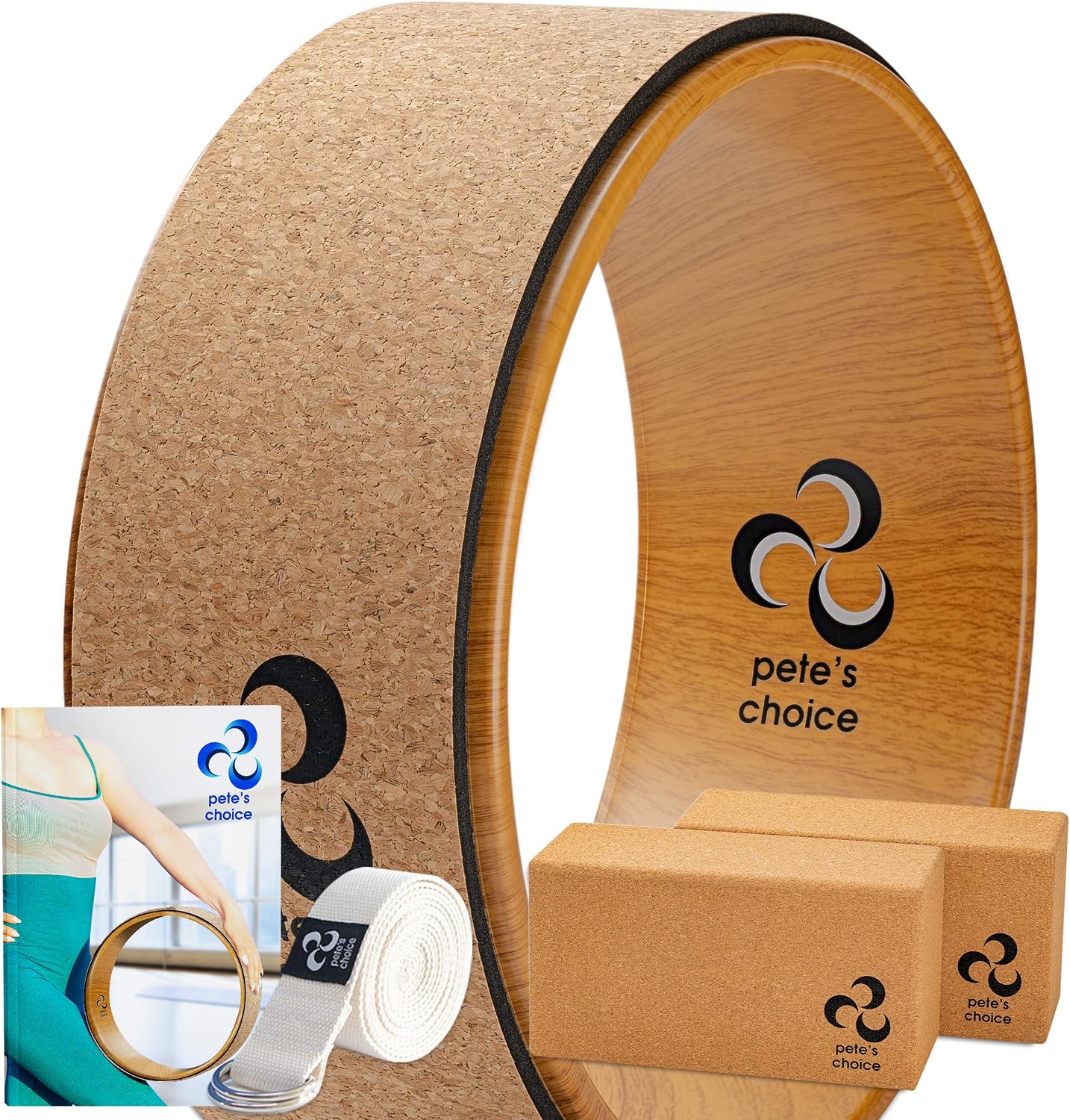 Deluxe Cork Yoga Wheel Set – Back Roller, 2 Cork Blocks & Strap