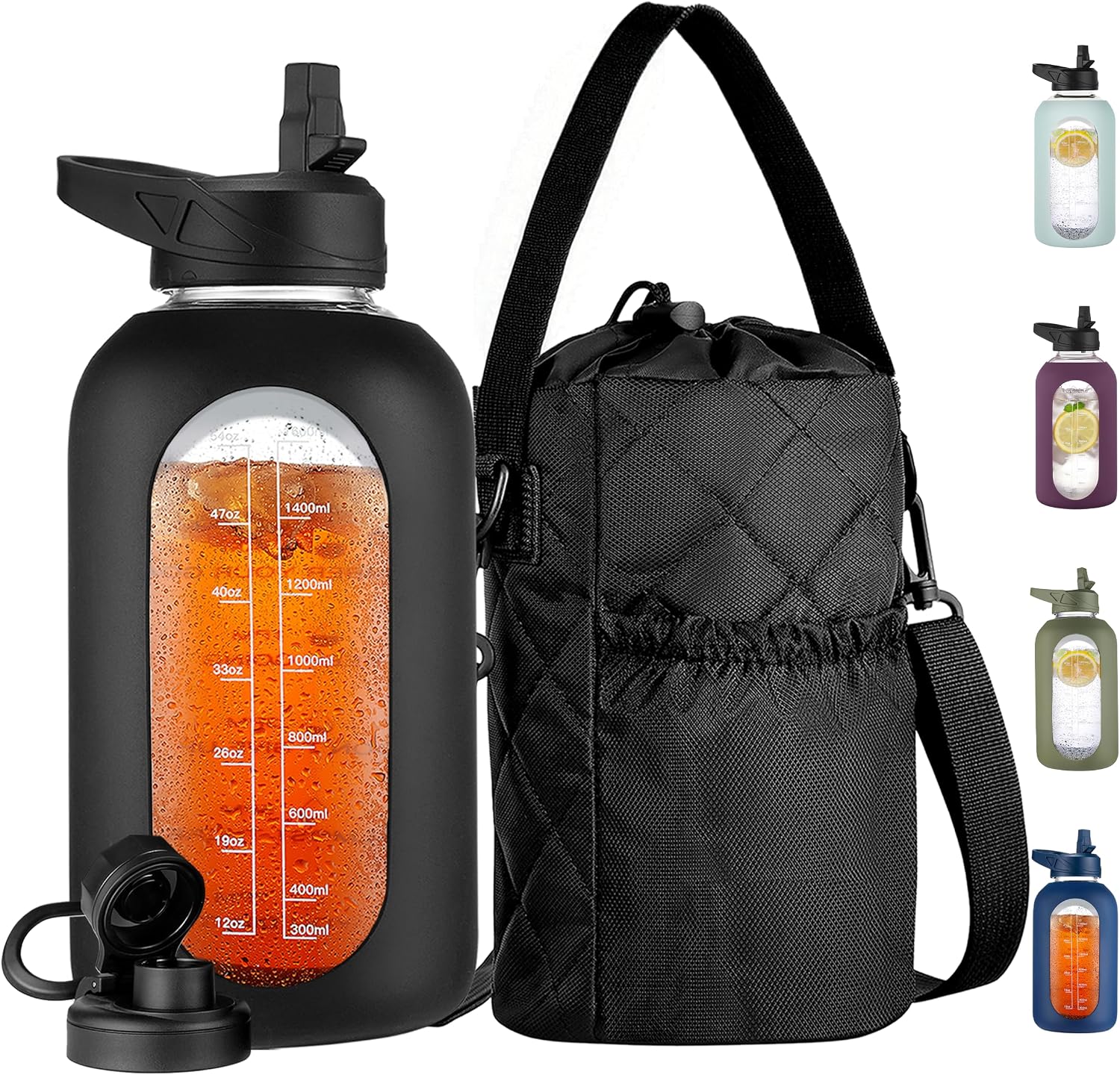 CIVAGO 64 oz Glass Water Bottle with Straw and Insulated Bottle Holder | Half Gallon Motivational Water Jug with Time Marker and Silicone Sleeve, Large Leakproof Water Flask with 2 Lids, Black