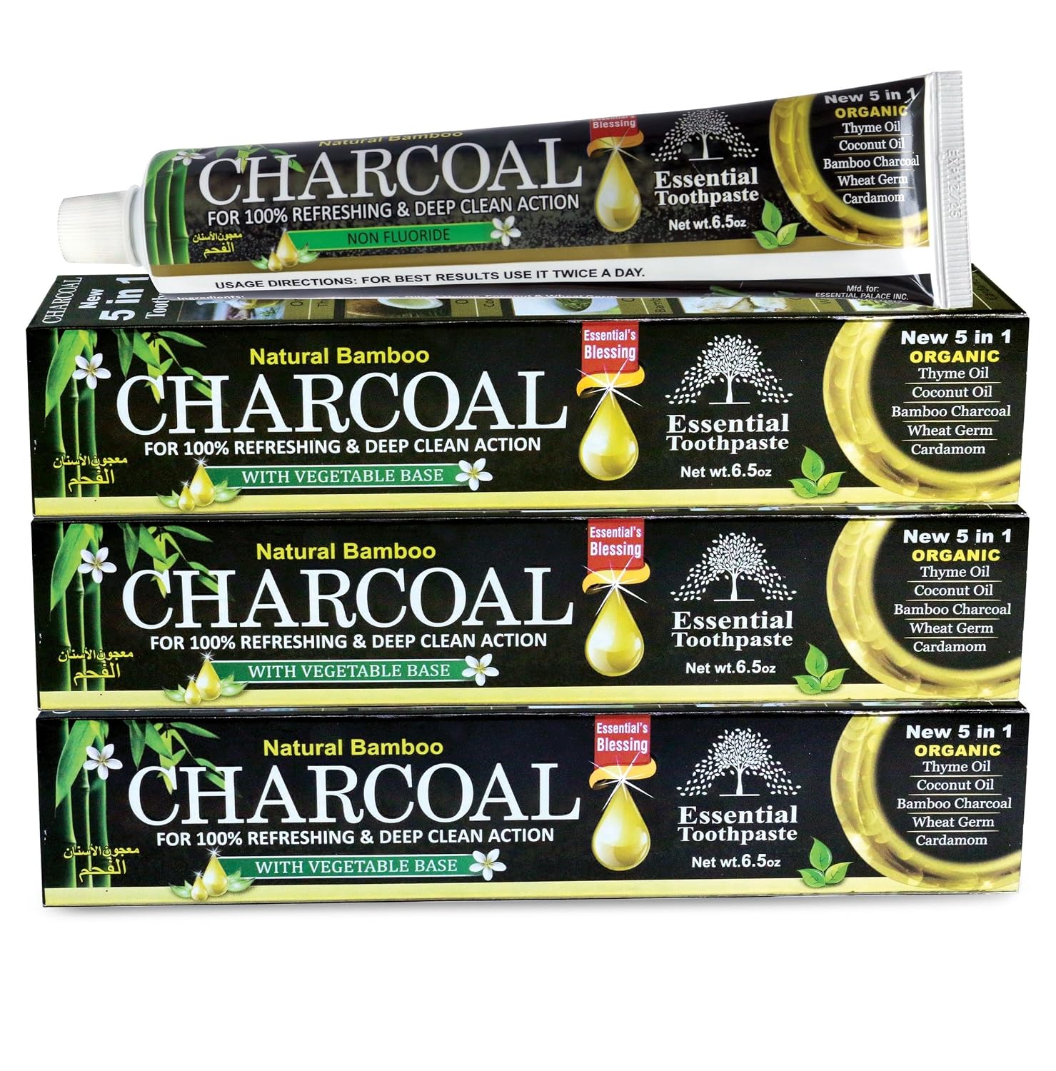 Natural Charcoal Essential Toothpaste | Fluoride Free| 6.53 oz Pack of 3 | Whitens Teeth Naturally, Excellent Freshness, Cavity Protection