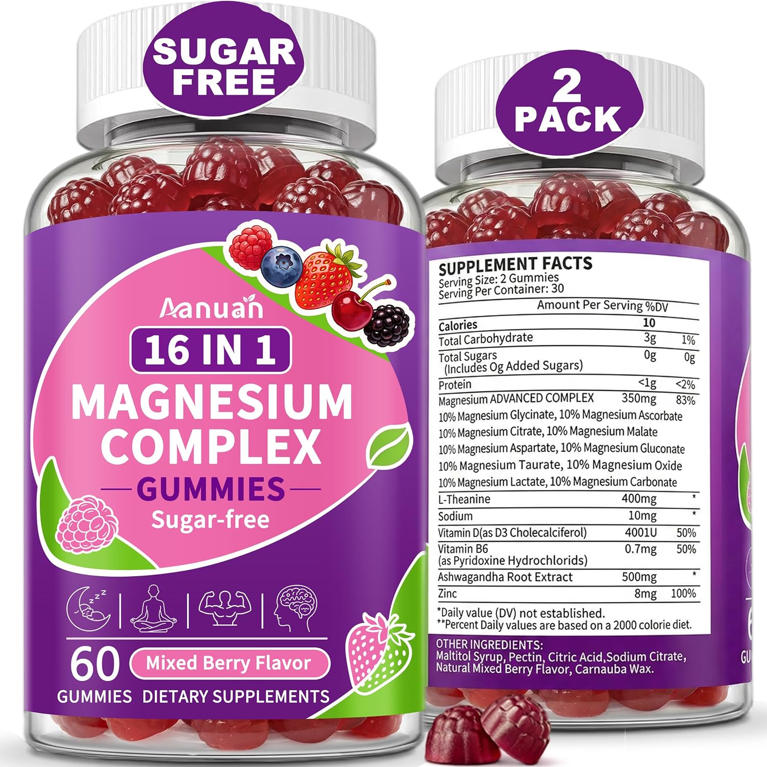 (2 Pack) Magnesium Gummies, 16-in-1 Magnesium Complex for Women Men | Magnesium Supplement for Sleep, Relax, Nerve Support, High Absorption, Sugar Free, Vegan, Non-GMO, Mixed Berry Flavor