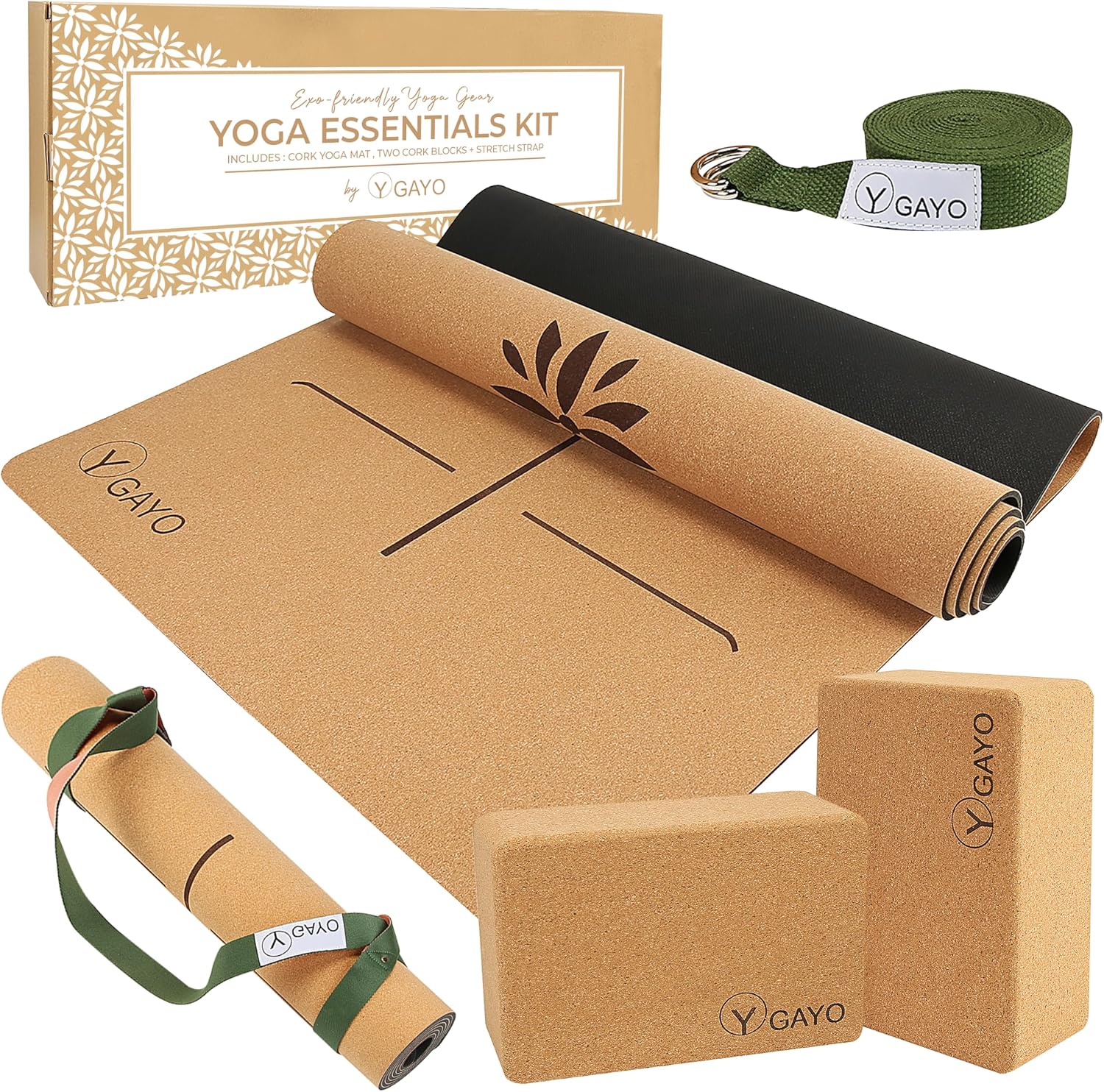 Y O Gayo Premium Cork All-in-One Yoga Essentials Kit -Large Cork Yoga Mat 5mm and Blocks Set with Carry Strap and Alignment lines, 10ft Stretch Strap, Your Ultimate Yoga Starter Set