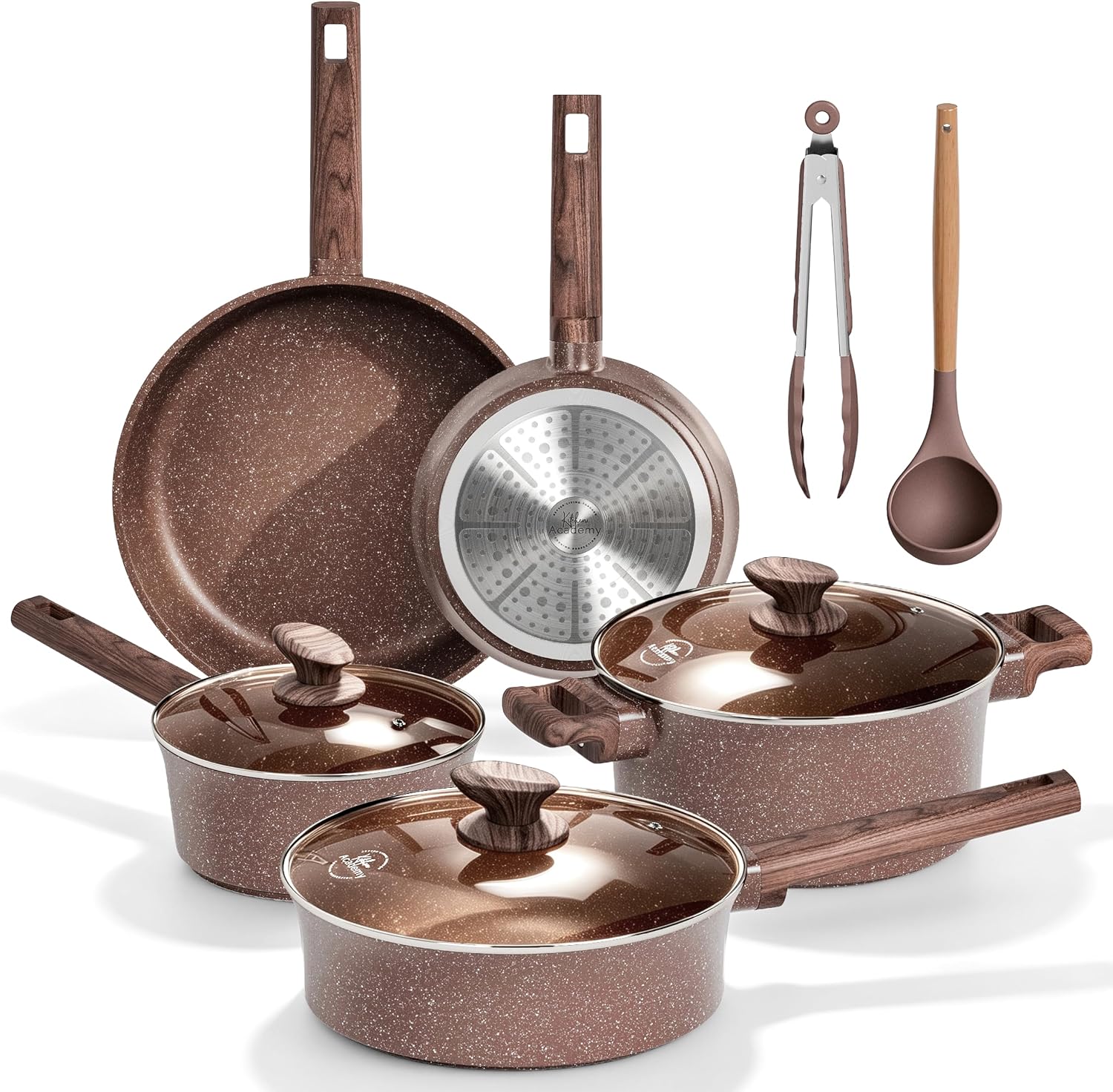 Kitchen Academy 10Pcs Induction Pots & Pans Set Non Stick, Brown