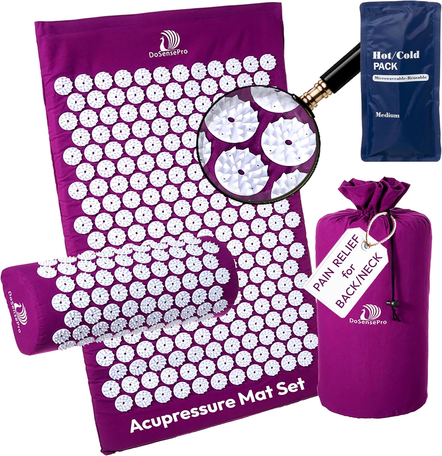 Acupressure Mat & Pillow Set, 4-in-1, 29″, Hot/Cold Pack, Purple