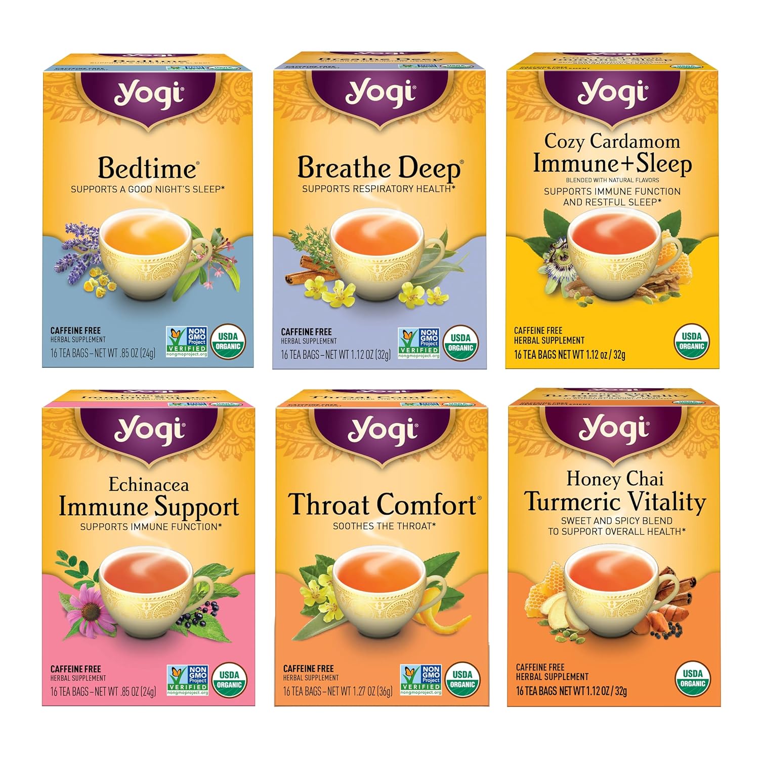 Yogi Get Well Organic Tea Sampler, 16 Tea Bags (6 Pack) | Organic Herbal Variety with Traditional Ayurvedic Ingredients for Immune Support During the Cold Season