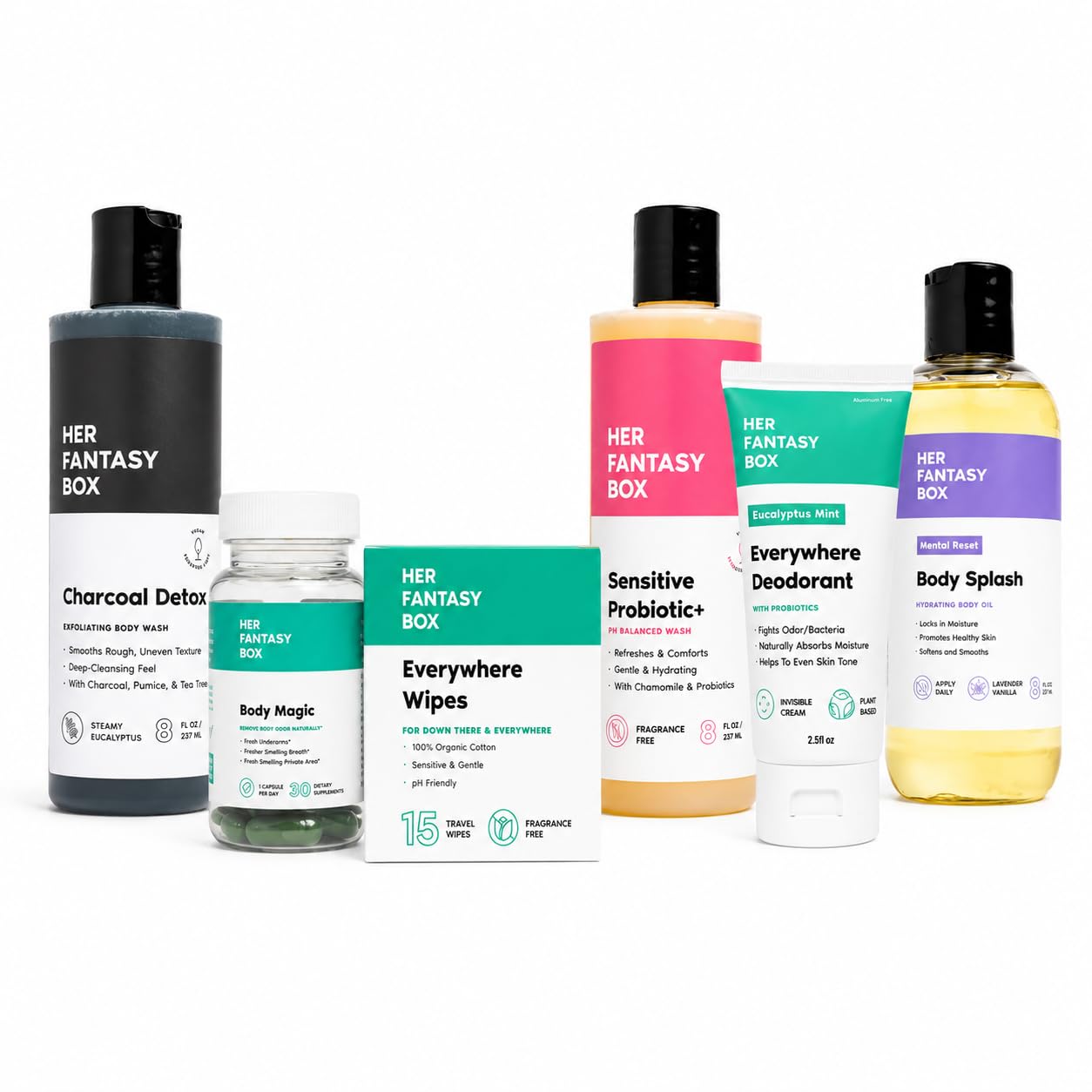 Her Fantasy Box | Post Workout Fresh Kit – Charcoal Exfoliating Body Wash, Probiotic Wash, Chlorophyll Capsules, Mint Deodorant, Lavender Vanilla Body Oil & Wipes