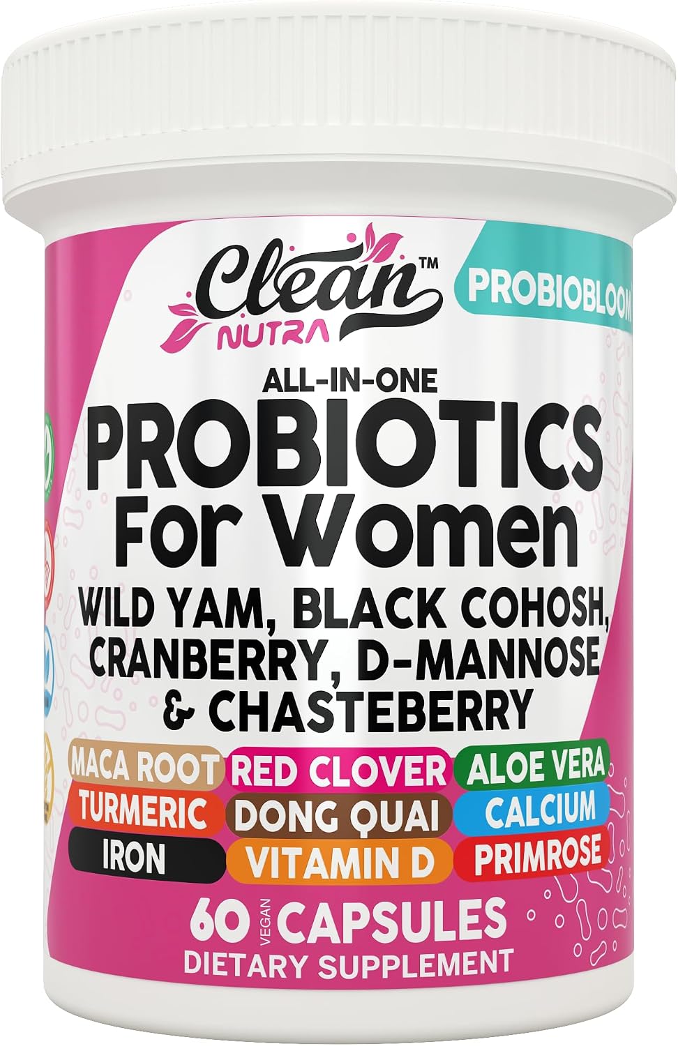 Clean Nutraceuticals Probiotics for Women with D Mannose, Cranberry Extract, Wild Yam, Chasteberry – 20 Probiotic and Prebiotic Strains – PH Balance, Womens Probiotic for Digestive Health – 60 Count