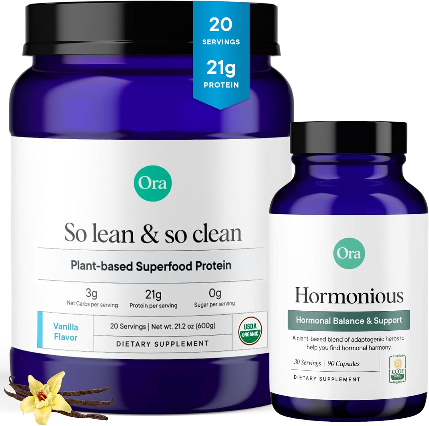 Ora Organic Hormone Balance & Protein Power Bundle: Support Skin, Mood, Energy, Cordyceps & Acerola Cherry + 21g Plant Based Protein Powder, Vanilla Flavor, 20 Servings