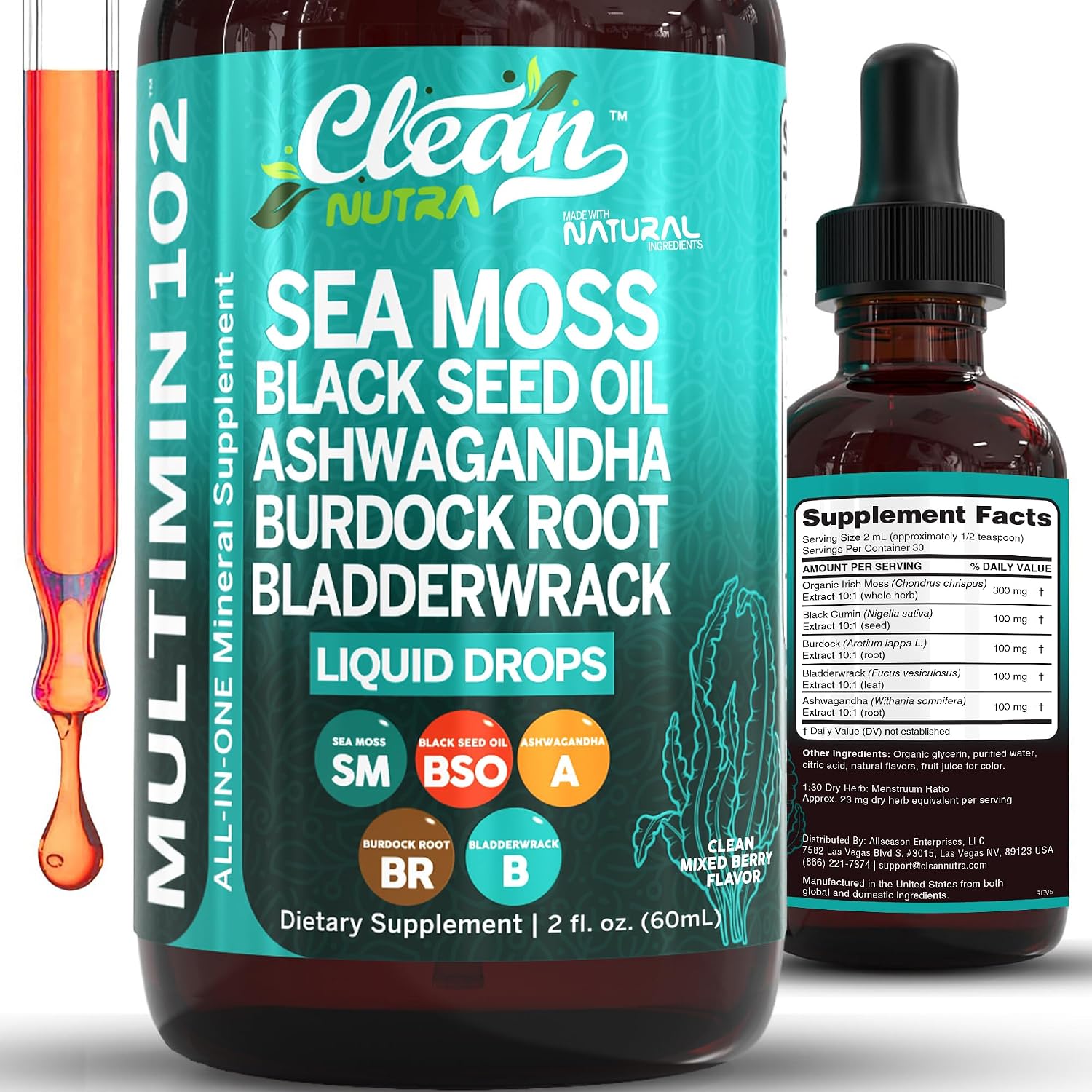Clean Nutra Organic Sea Moss Drops Supplement | Black Seed Oil Irish Seamoss Ashwagandha Burdock Root & Bladderwrack – Multimineral Liquid Vegan for Gut Heath Energy Skin Immune Support & Hair