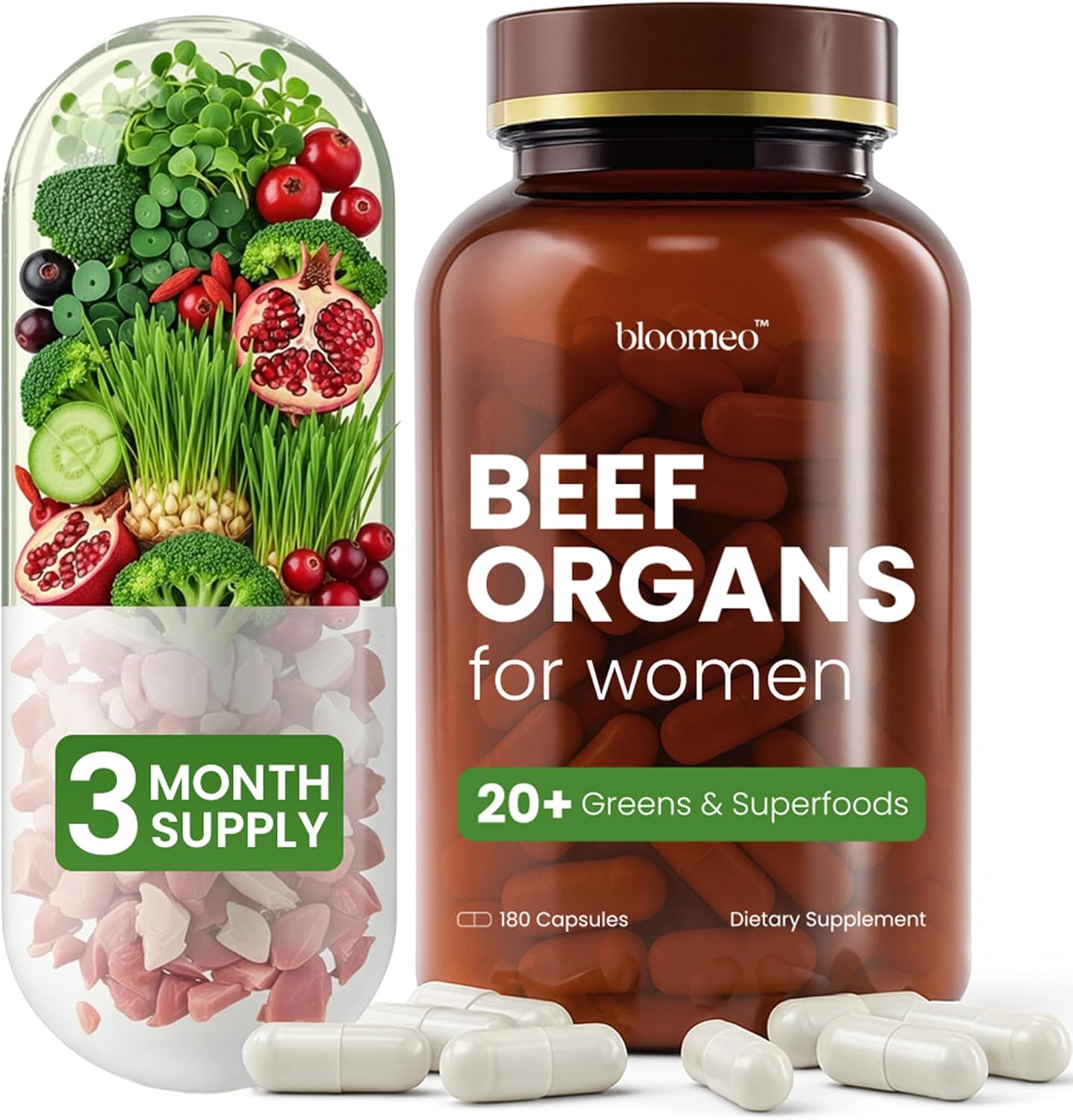 Grass Fed Beef Organ Supplement for Women with Supergreens, 180ct
