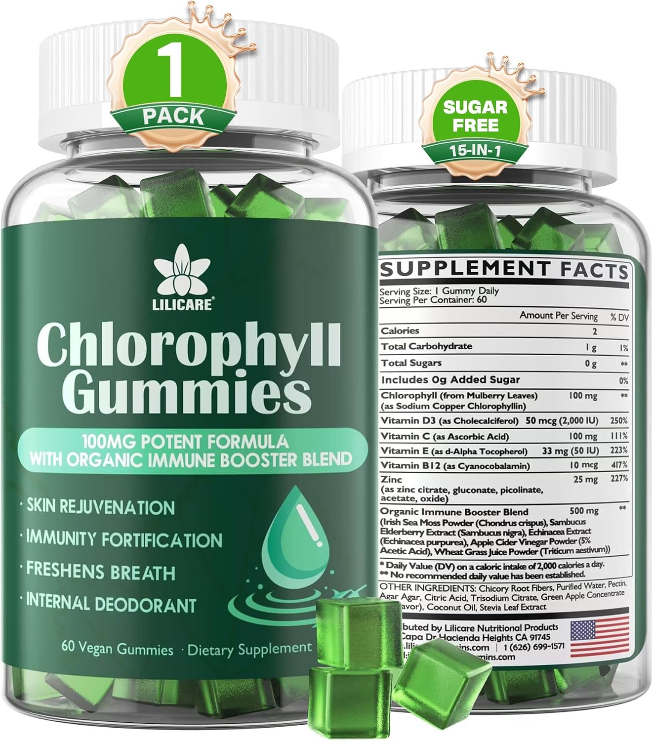 Chlorophyll Gummies for Women Men, Super Green w/ Sea Moss,Elderberry,60Cts