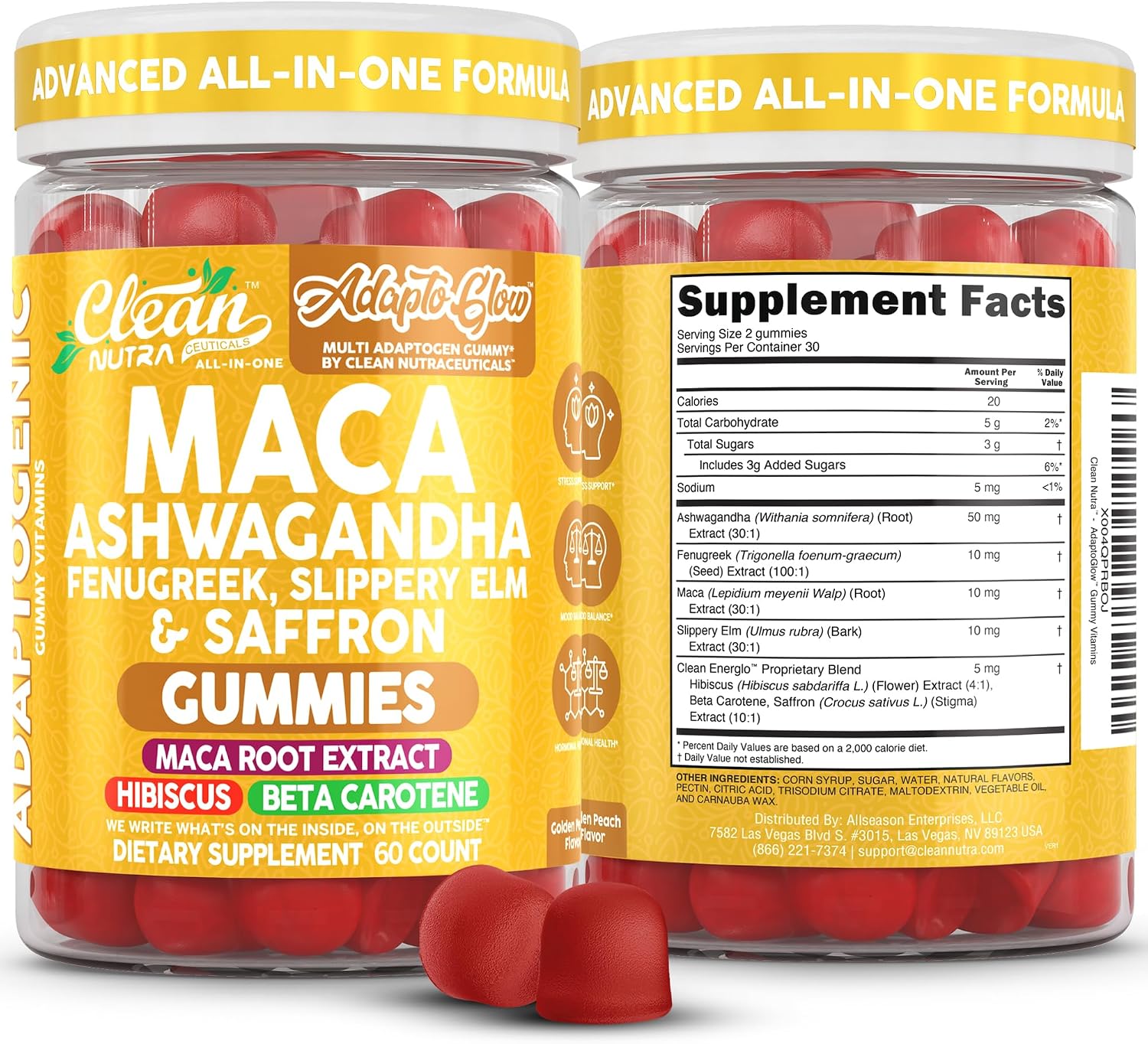 Clean Nutra Maca Root Gummies Ashwagandha Fenugreek Slippery Elm Saffron Hibiscus Beta Carotene Vitamin A for Women Macaroot Extract 60 Gummies Vegan Adaptogen Supplement Gummy Non GMO
