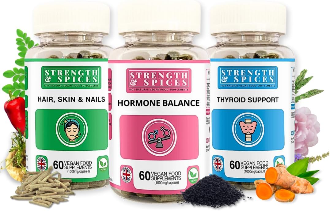 Women’s Complete Wellness Trio – Hormone Balance, Thyroid & Skin Support with 30+ Natural Ingredients | Vegan Supplements for Radiance, Energy & Daily Vitality | 3-Pack, UK Made