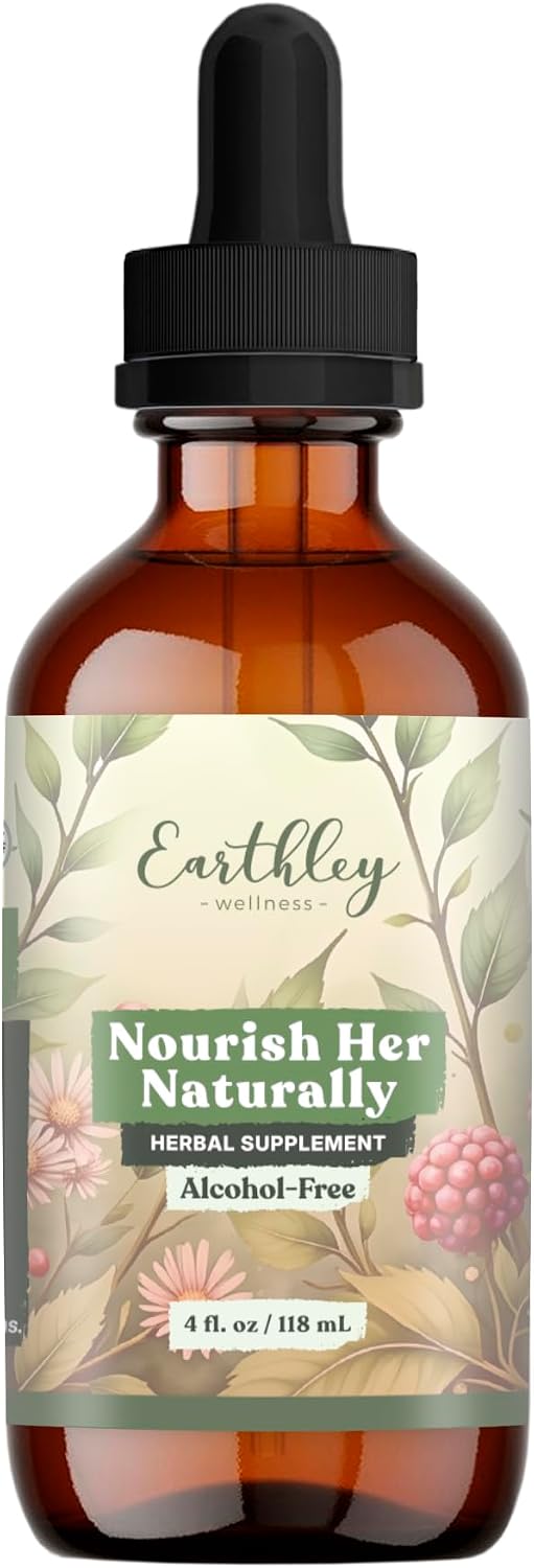Earthley Wellness Nourish Her Naturally, Liquid Botanical Multivitamin for Women with Raspberry Leaf, Dandelion Leaf, Alfalfa, and Nettles, Supports Energy, Gut Health, and Wellness (4oz, Nourish Her)