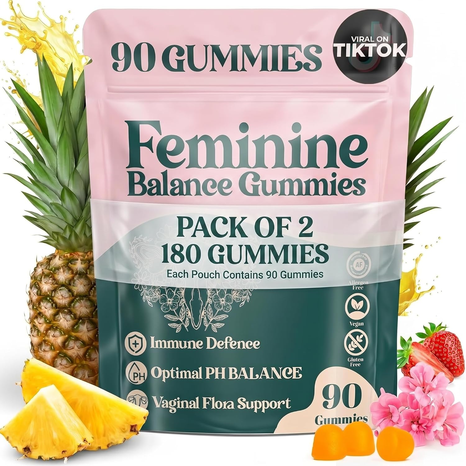 Feminine Balance Gummies – for Women’s Health & Wellness – Immune Support – Vegan, Gluten-Free – Hawaiian Pineapple (Pack of 2)